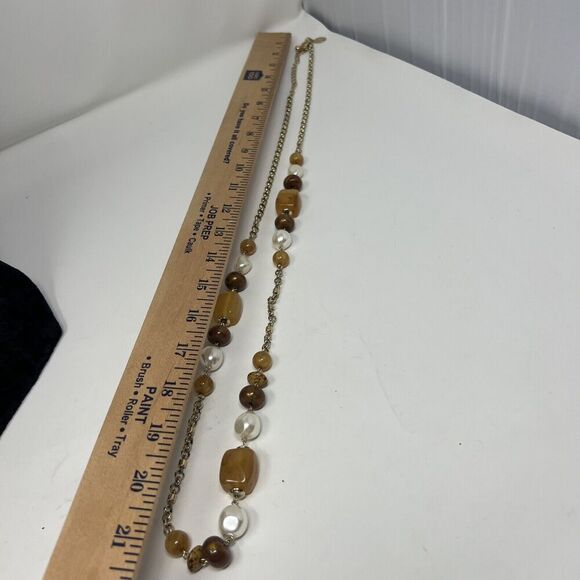 Chico's Single Necklace Amber Color Acrylic Pearl Brown On Gold Tone Longline - Picture 7 of 7